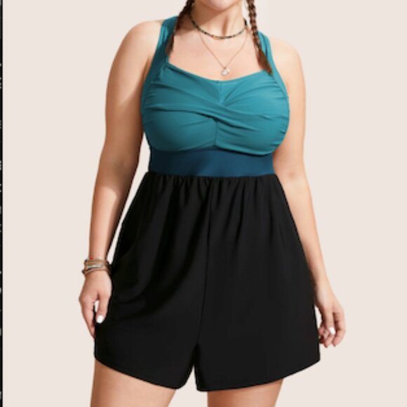 Bloom Chic Swimsuit - Patchwork Crossover One Piece Swimsuit - Teal 18-20/2X - Picture 1 of 3